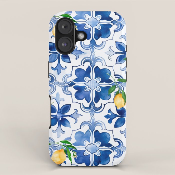 Blue tiles,mosaic,Mediterranean tiles,majolica art ,lemon ,citrus, iPhone Case Gallery Image 1