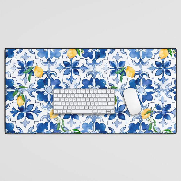 Blue tiles,mosaic,Mediterranean tiles,majolica art ,lemon ,citrus, Desk Mat Gallery Image 1
