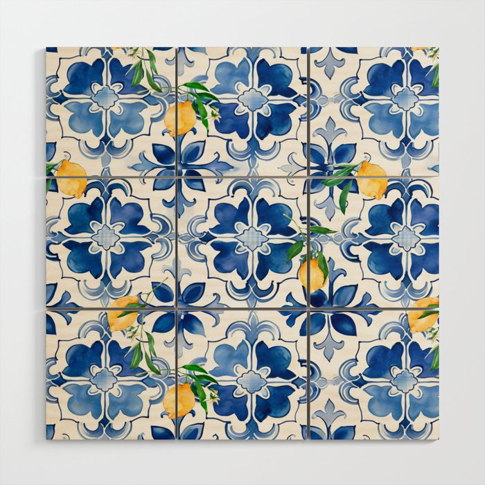 Blue tiles,mosaic,Mediterranean tiles,majolica art ,lemon ,citrus, Wood Wall Art Gallery Image 1