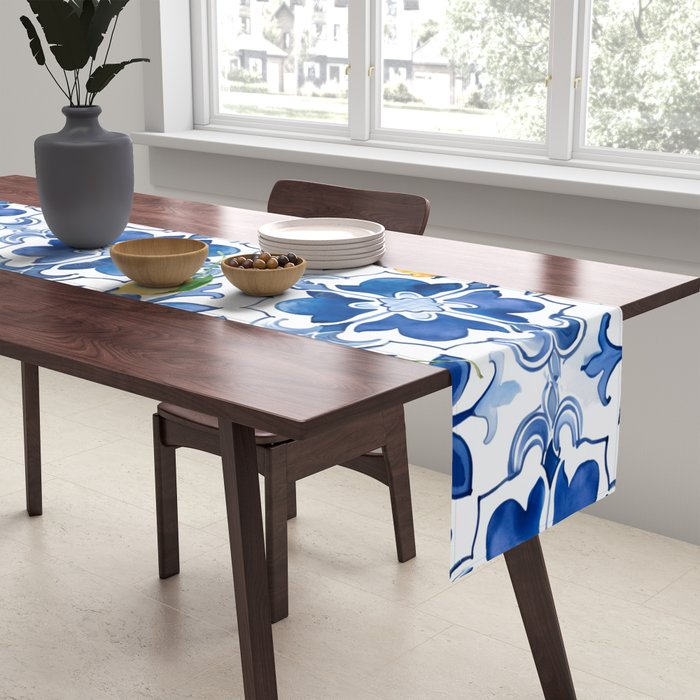 Blue tiles,mosaic,Mediterranean tiles,majolica art ,lemon ,citrus, Table Runner Gallery Image 2