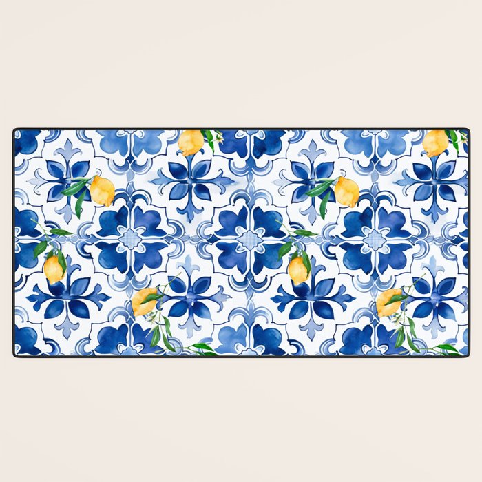 Blue tiles,mosaic,Mediterranean tiles,majolica art ,lemon ,citrus, Desk Mat Gallery Image 3