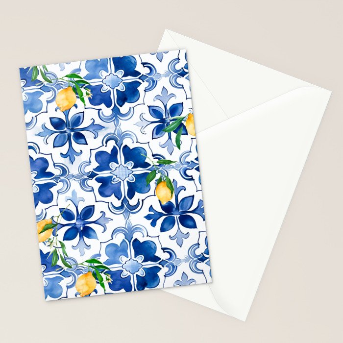 Blue tiles,mosaic,Mediterranean tiles,majolica art ,lemon ,citrus, Stationery Card Gallery Image 2