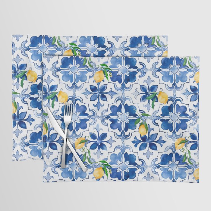 Blue tiles,mosaic,Mediterranean tiles,majolica art ,lemon ,citrus, Placemat Gallery Image 1