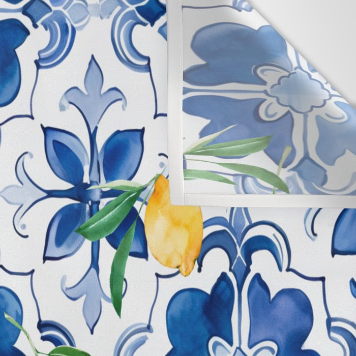 Blue tiles,mosaic,Mediterranean tiles,majolica art ,lemon ,citrus, Wall Tapestry Gallery Image 3