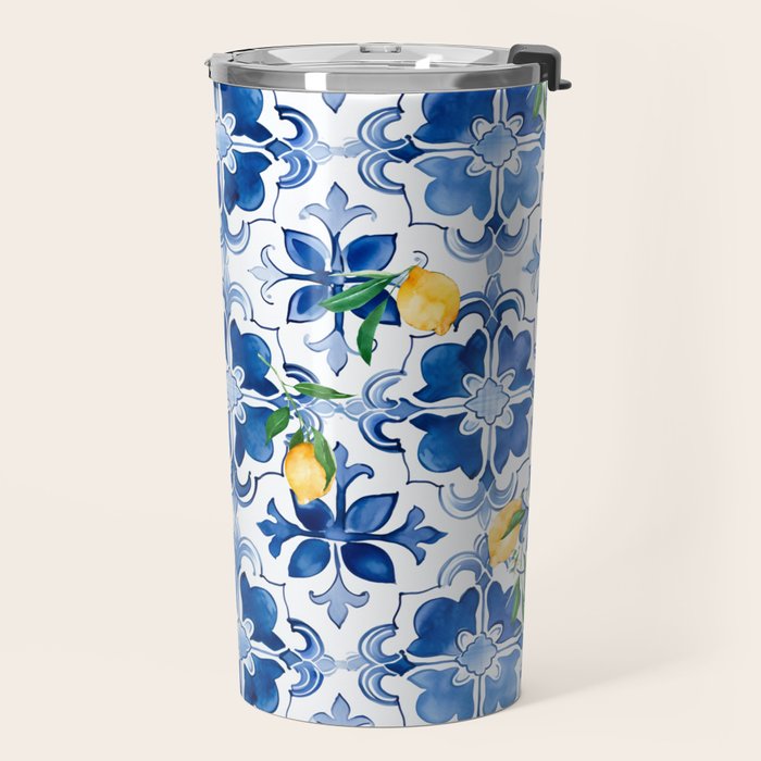 Blue tiles,mosaic,Mediterranean tiles,majolica art ,lemon ,citrus, Travel Mug Gallery Image 2