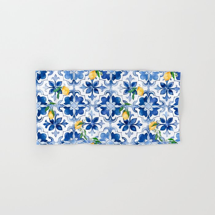 Blue tiles,mosaic,Mediterranean tiles,majolica art ,lemon ,citrus, Bath Towel Gallery Image 1