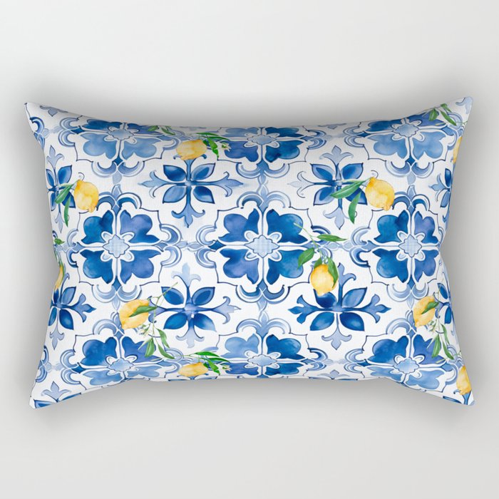 Blue tiles,mosaic,Mediterranean tiles,majolica art ,lemon ,citrus, Rectangular Pillow Gallery Image 2
