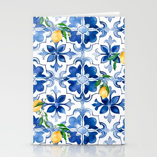 Blue tiles,mosaic,Mediterranean tiles,majolica art ,lemon ,citrus, Stationery Card Gallery Image 1