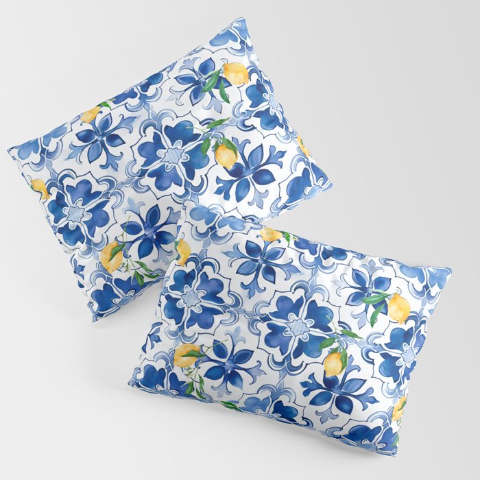 Blue tiles,mosaic,Mediterranean tiles,majolica art ,lemon ,citrus, Pillow Sham Gallery Image 1