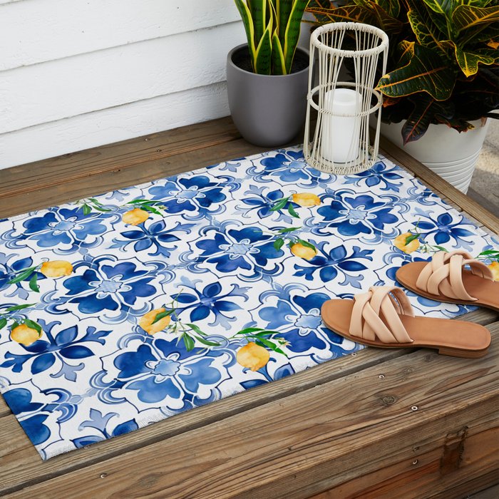 Blue tiles,mosaic,Mediterranean tiles,majolica art ,lemon ,citrus, Outdoor Rug Gallery Image 2