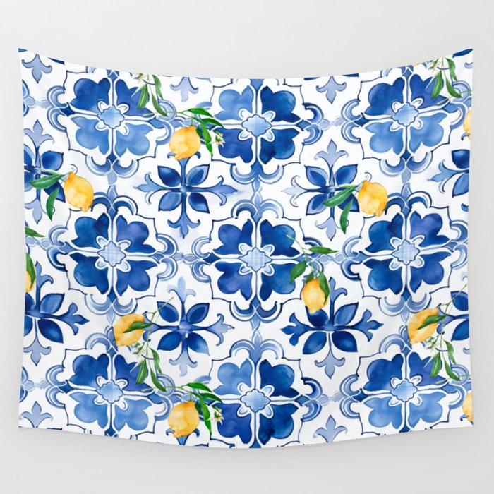Blue tiles,mosaic,Mediterranean tiles,majolica art ,lemon ,citrus, Wall Tapestry Gallery Image 4