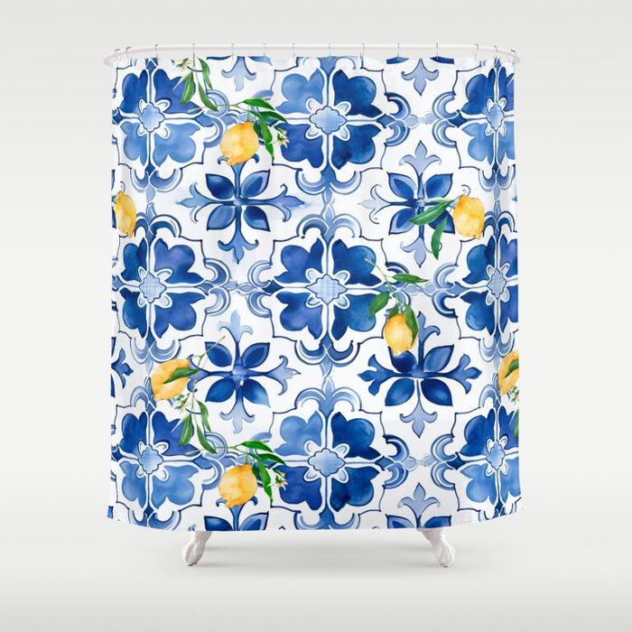Blue tiles,mosaic,Mediterranean tiles,majolica art ,lemon ,citrus, Shower Curtain Gallery Image 1