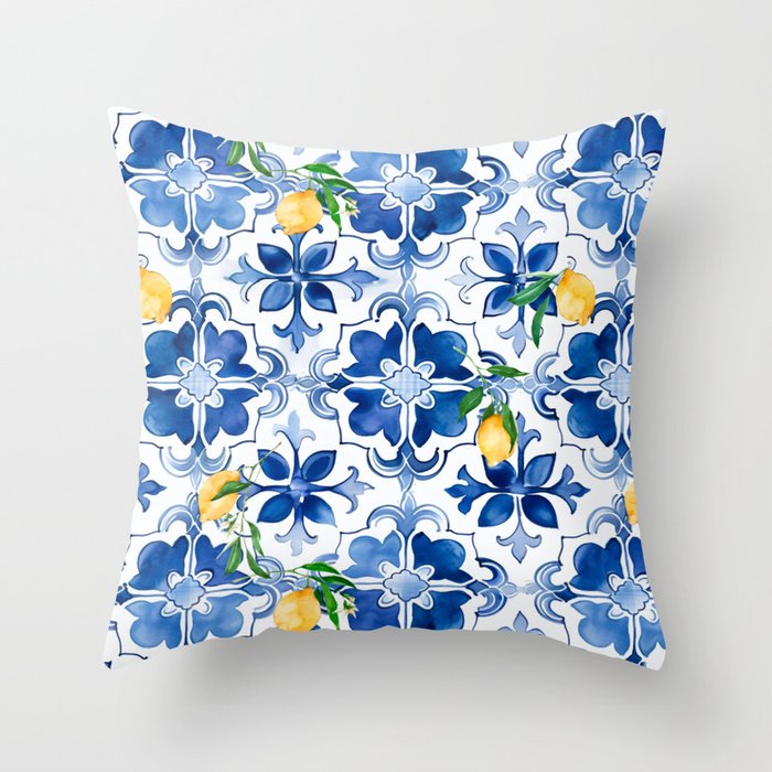 Blue tiles,mosaic,Mediterranean tiles,majolica art ,lemon ,citrus, Throw Pillow Gallery Image 1