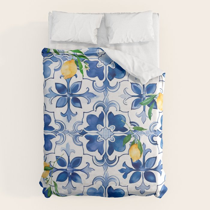 Blue tiles,mosaic,Mediterranean tiles,majolica art ,lemon ,citrus, Duvet Cover Gallery Image 6