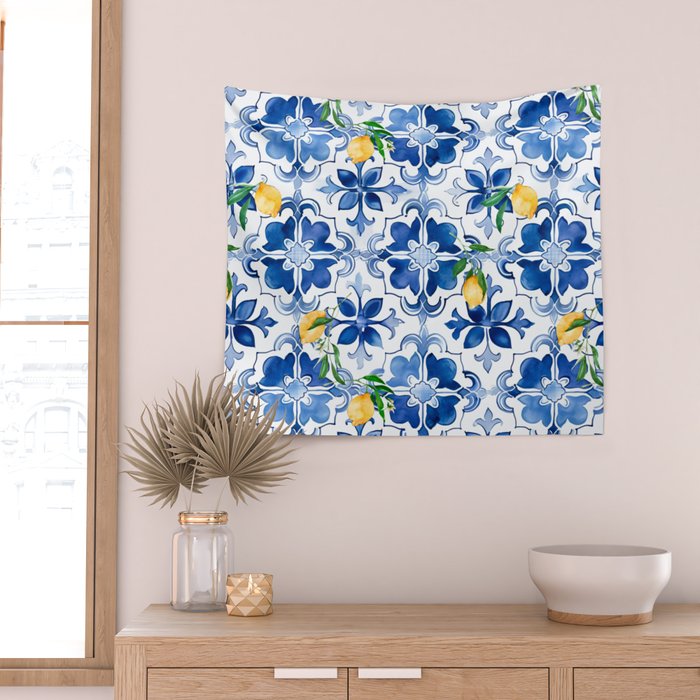 Blue tiles,mosaic,Mediterranean tiles,majolica art ,lemon ,citrus, Wall Tapestry Gallery Image 2
