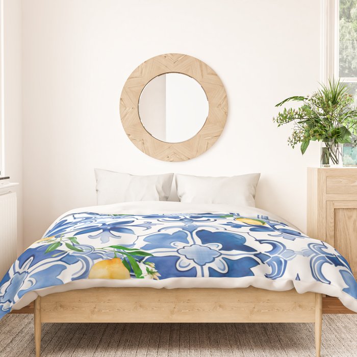 Blue tiles,mosaic,Mediterranean tiles,majolica art ,lemon ,citrus, Duvet Cover Gallery Image 3