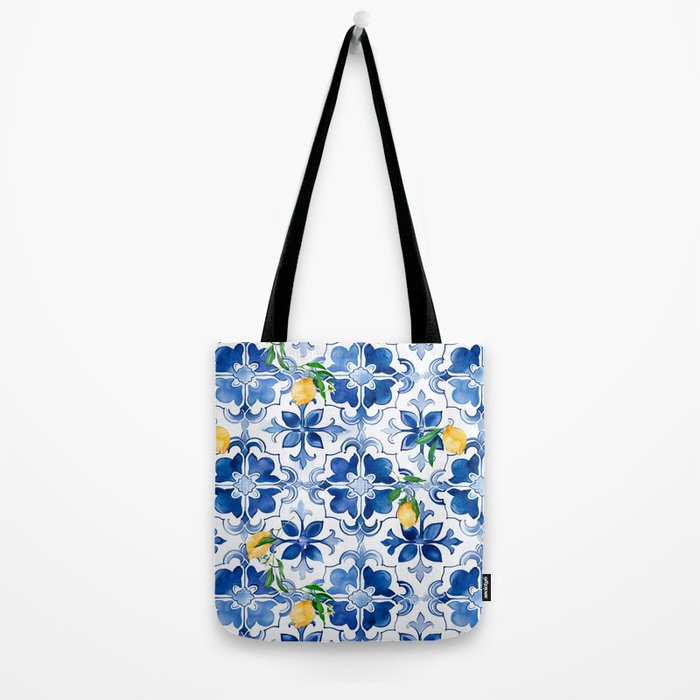 Blue tiles,mosaic,Mediterranean tiles,majolica art ,lemon ,citrus, Tote Bag Gallery Image 2