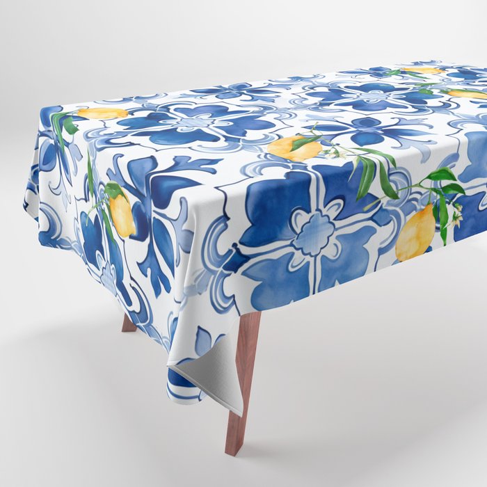 Blue tiles,mosaic,Mediterranean tiles,majolica art ,lemon ,citrus, Tablecloth Gallery Image 1