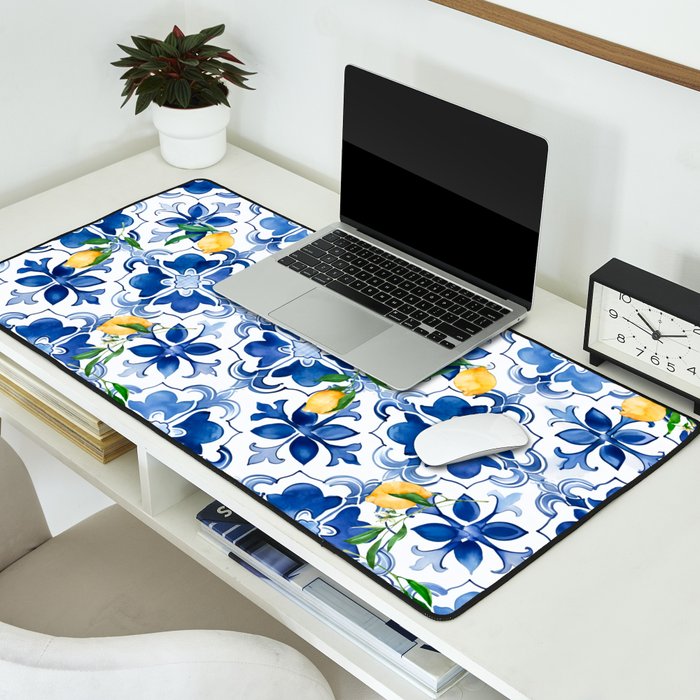 Blue tiles,mosaic,Mediterranean tiles,majolica art ,lemon ,citrus, Desk Mat Gallery Image 2