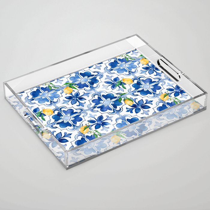 Blue tiles,mosaic,Mediterranean tiles,majolica art ,lemon ,citrus, Acrylic Tray Gallery Image 1
