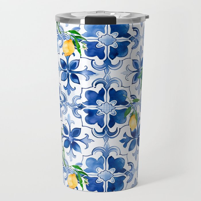 Blue tiles,mosaic,Mediterranean tiles,majolica art ,lemon ,citrus, Travel Mug Gallery Image 1