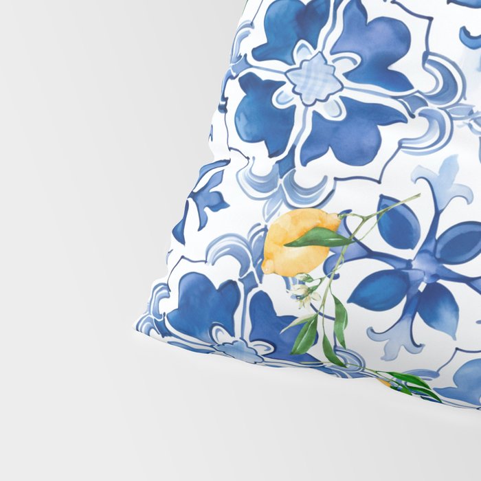 Blue tiles,mosaic,Mediterranean tiles,majolica art ,lemon ,citrus, Pillow Sham Gallery Image 4