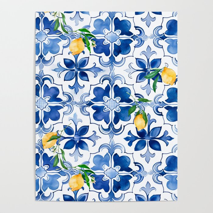 Blue tiles,mosaic,Mediterranean tiles,majolica art ,lemon ,citrus, Poster Gallery Image 1