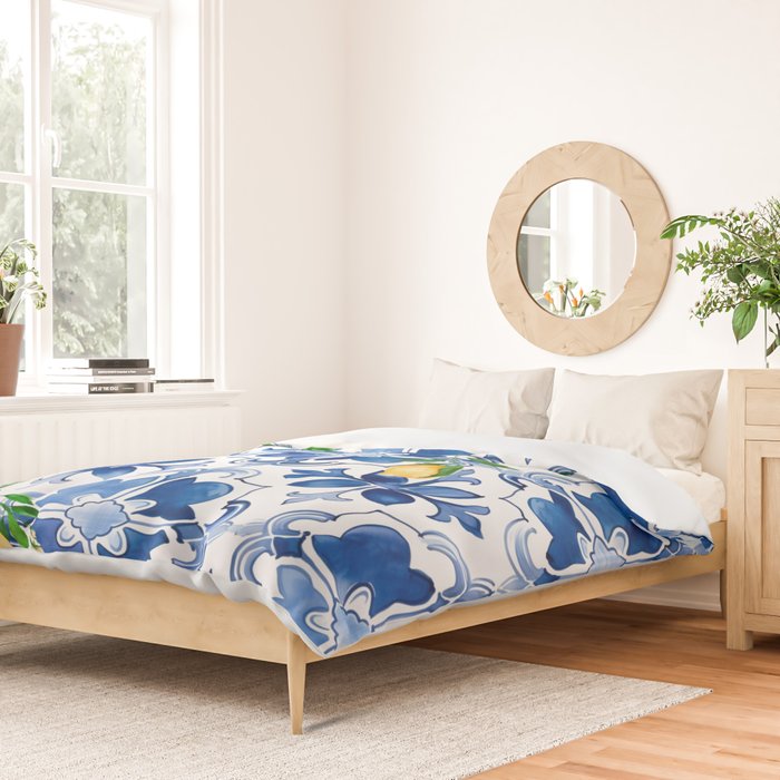 Blue tiles,mosaic,Mediterranean tiles,majolica art ,lemon ,citrus, Duvet Cover Gallery Image 2