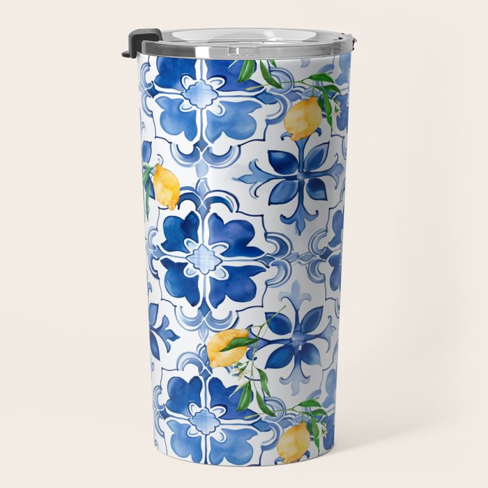 Blue tiles,mosaic,Mediterranean tiles,majolica art ,lemon ,citrus, Travel Mug Gallery Image 3