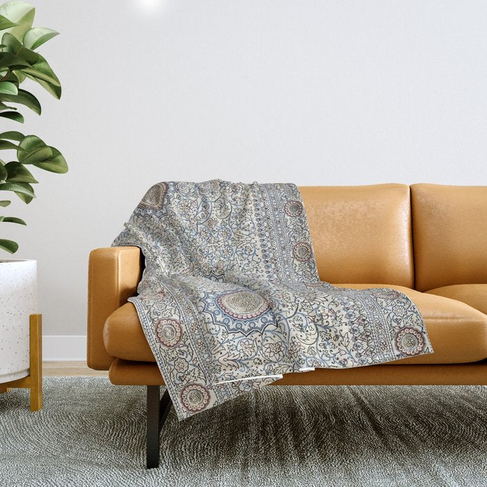 Antique Persian Cream Blue Pearl Carpet Throw Blanket Gallery Image 1