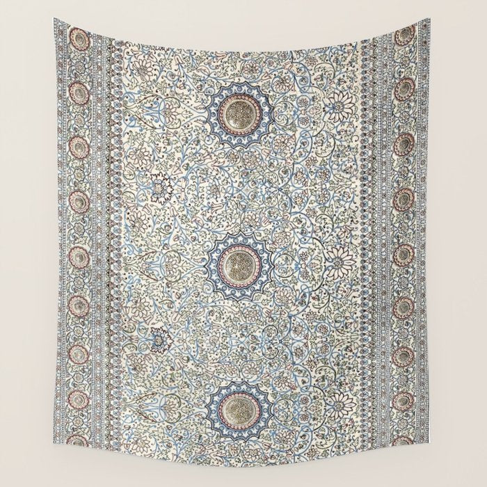 Antique Persian Cream Blue Pearl Carpet Wall Tapestry Gallery Image 1