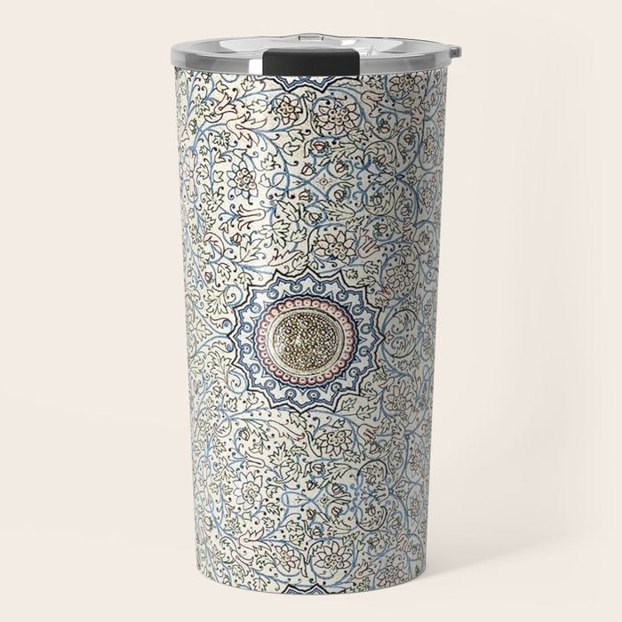 Antique Persian Cream Blue Pearl Carpet Travel Mug Gallery Image 1