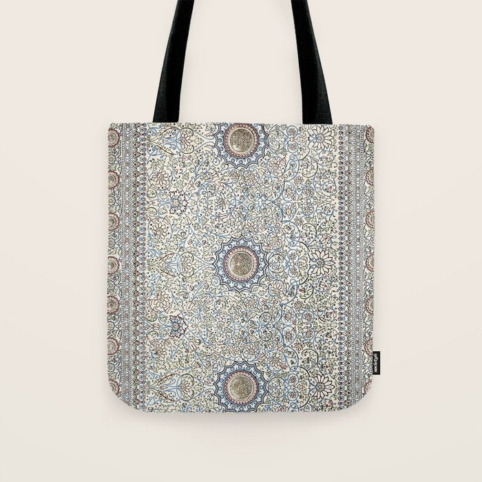 Antique Persian Cream Blue Pearl Carpet Tote Bag Gallery Image 1
