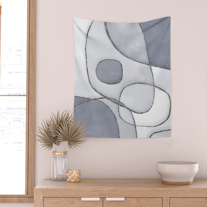 Abstract Line Work Blue Grey Wall Tapestry Gallery Image 2