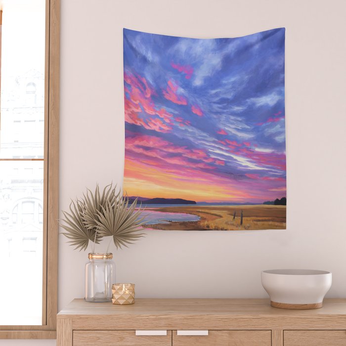 Pink and Purple Sunrise Over Bay Wall Tapestry Gallery Image 2
