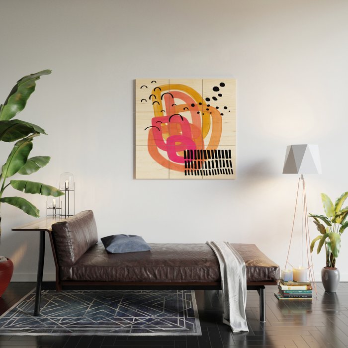 Modern Mid Century Fun Colorful Abstract Minimalist Painting Ombre Yellow Magenta Infinity Circles Wood Wall Art Gallery Image 2