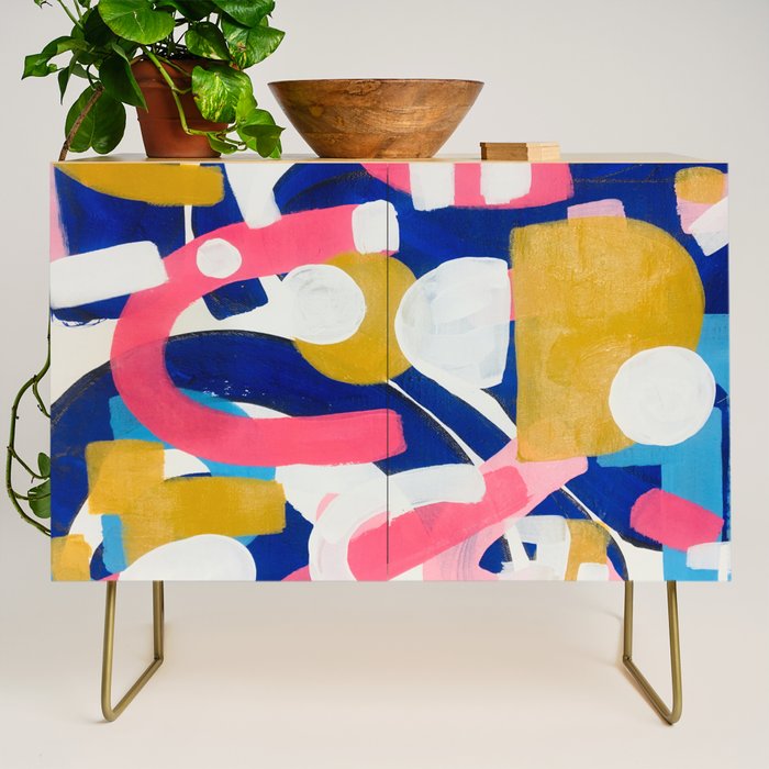Graffiti Colorful Funky Acrylic Painting Pink Blue Yellow Patterns Shapes by Ejaaz Haniff Credenza Gallery Image 1