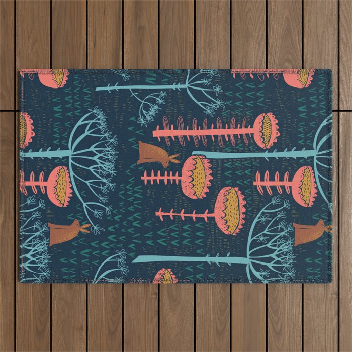 Block print scandinavian blue meadow Outdoor Rug Gallery Image 1