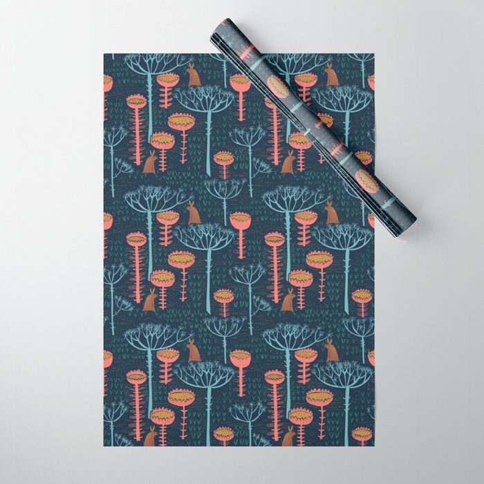 Block print scandinavian blue meadow Wrapping Paper Gallery Image 1