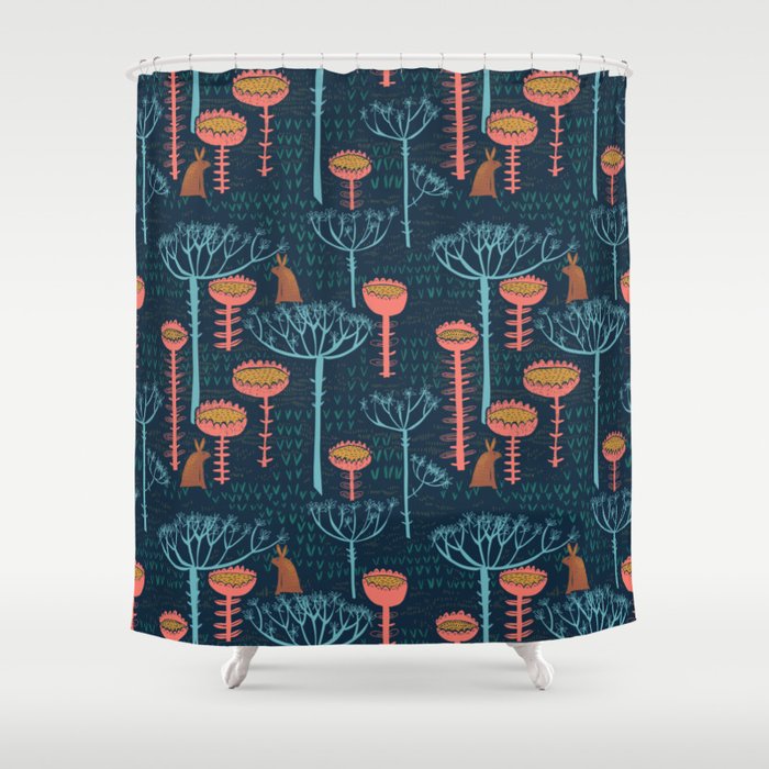 Block print scandinavian blue meadow Shower Curtain Gallery Image 1