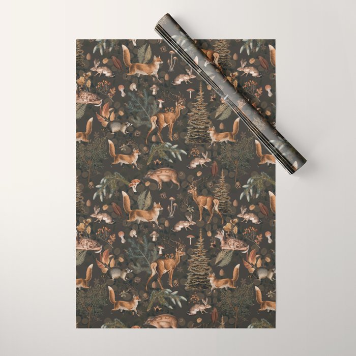 Fall Forest Impression With Wild Animals Moody Brown Wrapping Paper Gallery Image 1