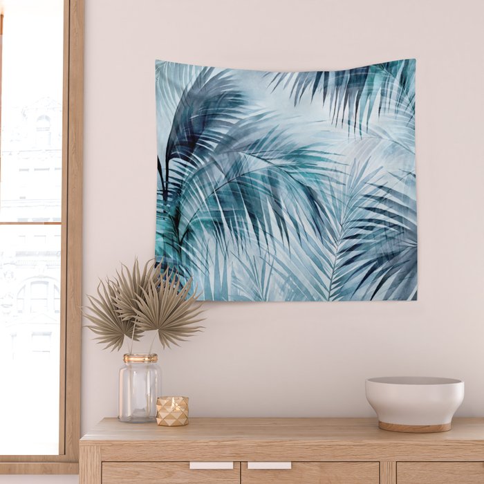 Blue Hour Tropical Retreat Palm Jungle Blue Wall Tapestry Gallery Image 2