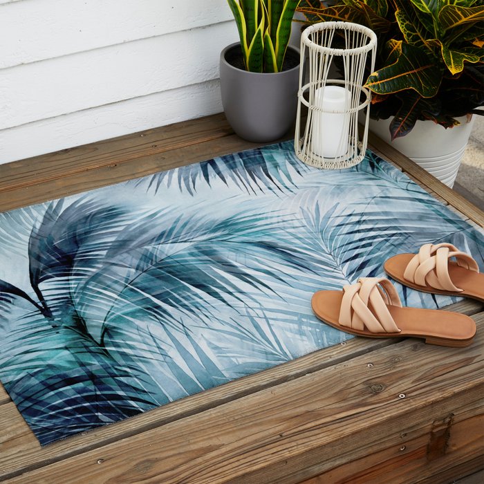Blue Hour Tropical Retreat Palm Jungle Blue Outdoor Rug Gallery Image 2