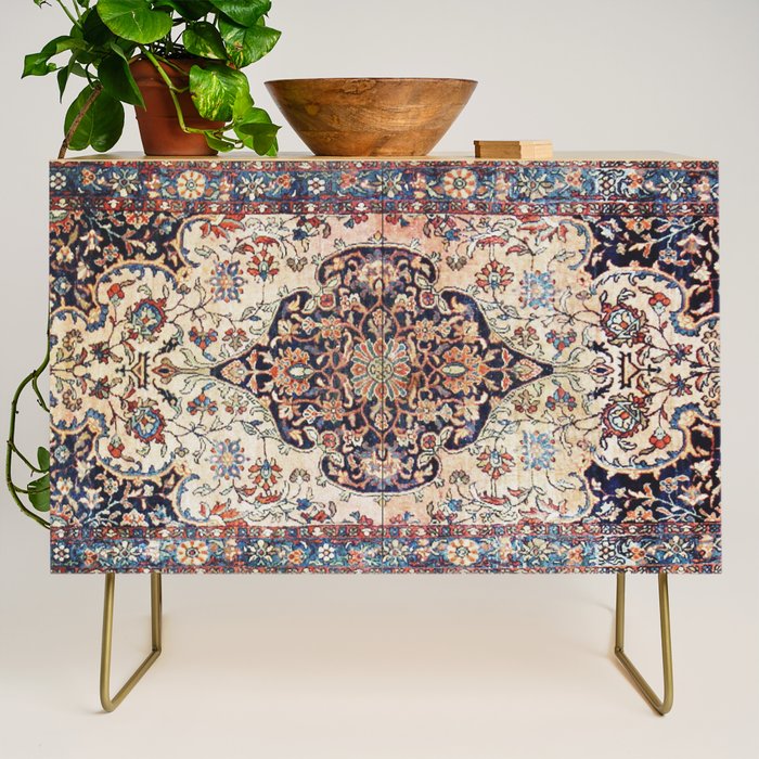 Antique Tabriz Rug Print With Abrashed Field Credenza Gallery Image 1