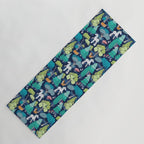 Geometric whimsical wonderland // navy blue background green forest with unicorns foxes gnomes and mushrooms Yoga Mat Gallery Image 1