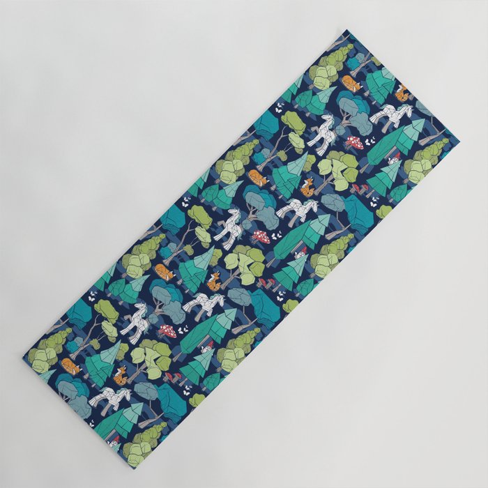Geometric whimsical wonderland // navy blue background green forest with unicorns foxes gnomes and mushrooms Yoga Mat Gallery Image 1