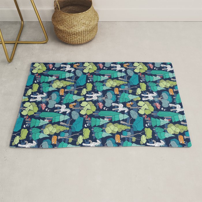 Geometric whimsical wonderland // navy blue background green forest with unicorns foxes gnomes and mushrooms Rug Gallery Image 1