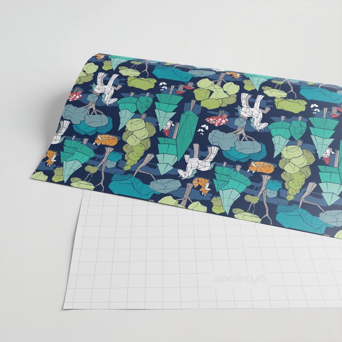 Geometric whimsical wonderland // navy blue background green forest with unicorns foxes gnomes and mushrooms Wrapping Paper Gallery Image 2