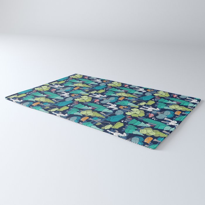 Geometric whimsical wonderland // navy blue background green forest with unicorns foxes gnomes and mushrooms Rug Gallery Image 3