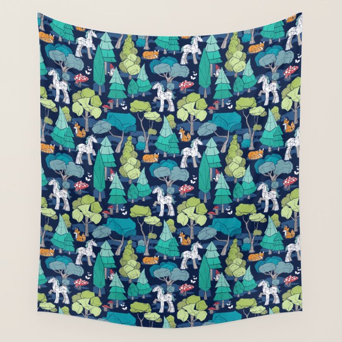 Geometric whimsical wonderland // navy blue background green forest with unicorns foxes gnomes and mushrooms Wall Tapestry Gallery Image 1